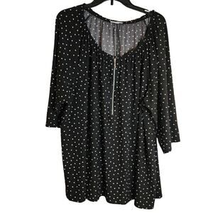 Plus Size Top Womens 3XL Black White Polka Dots 1/4 Zip Round Neck 3/4 Sleeve